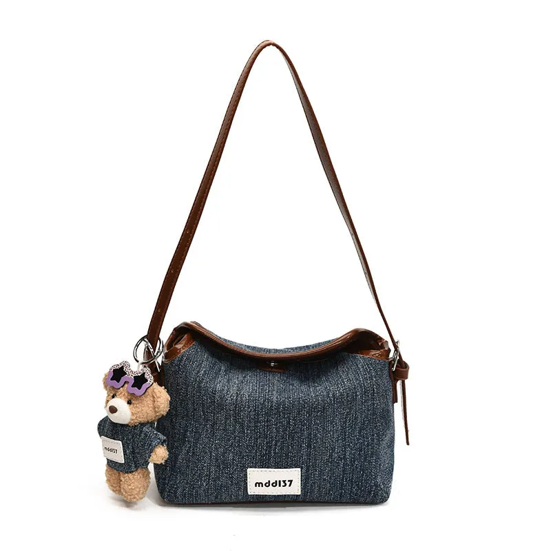 Fashion retro denim small crossbody bag in black with slit pocket and pendant