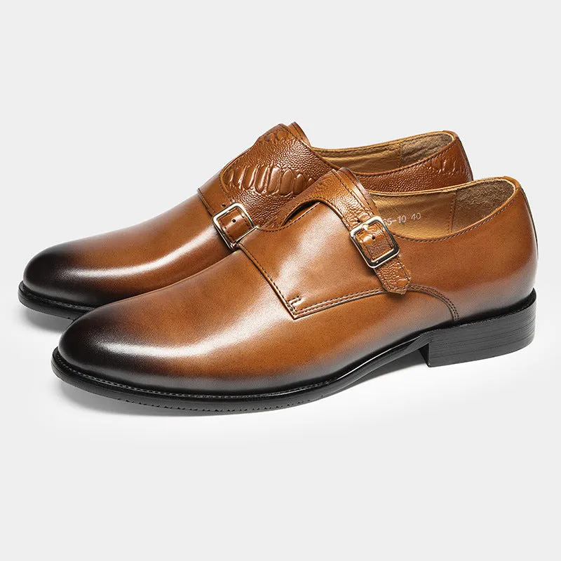 Men's first layer cowhide round toe double buckle retro business leather shoes in black