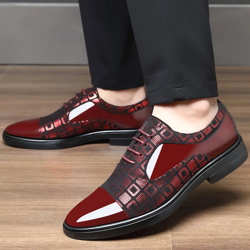 Men's black PU leather business shoes with rubber non-slip sole, side view on light background