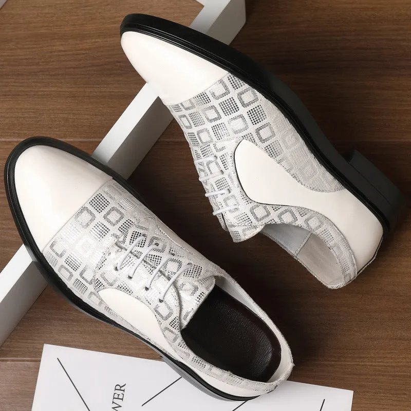 Men's black PU leather business shoes with rubber non-slip sole, side view on light background