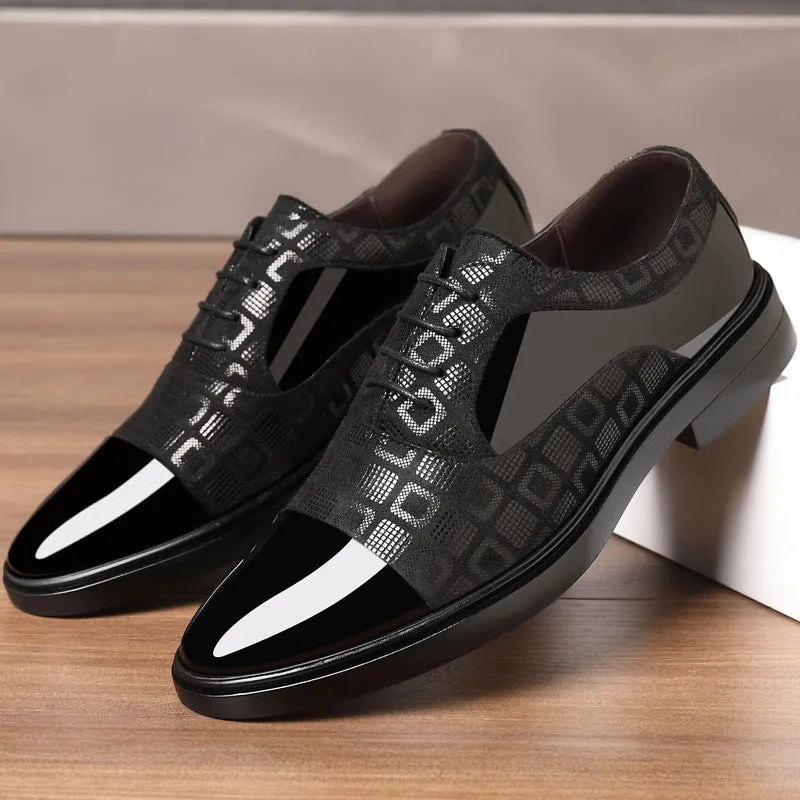 Men's black PU leather business shoes with rubber non-slip sole, side view on light background