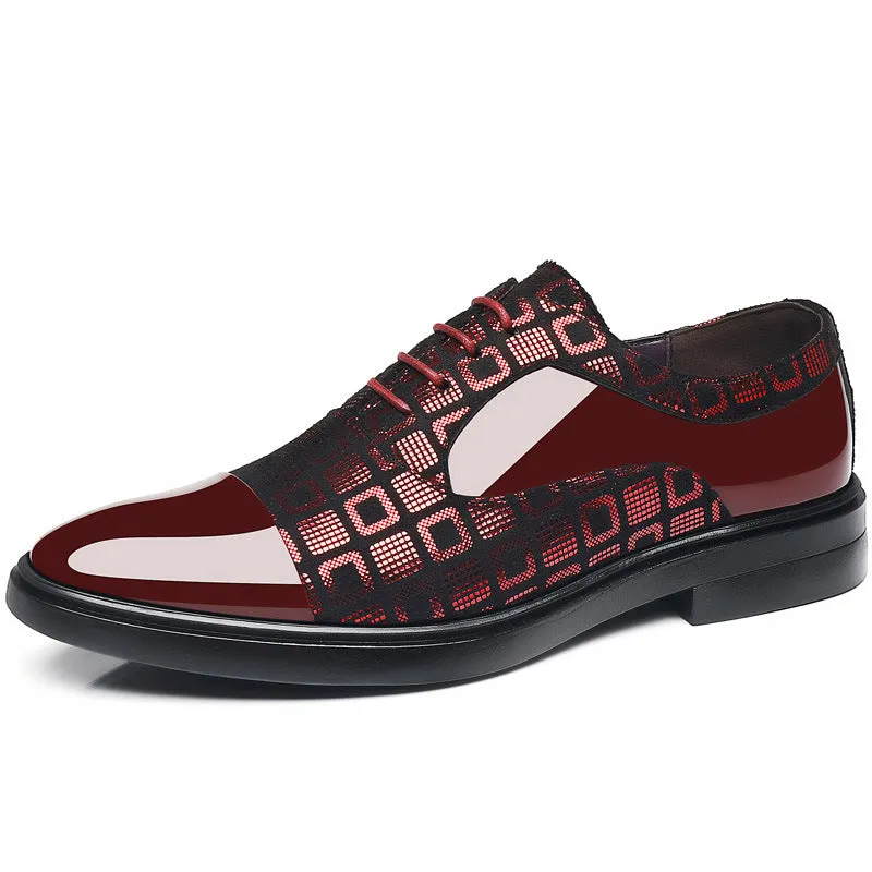Men's black PU leather business shoes with rubber non-slip sole, side view on light background
