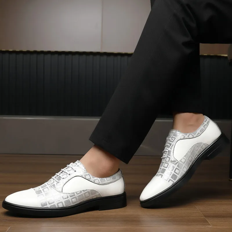 Men's black PU leather business shoes with rubber non-slip sole, side view on light background
