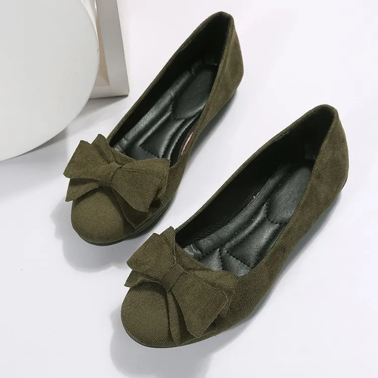 Women's rubber sole plus size flat casual shoes in black with suede bow, round toe, low heel