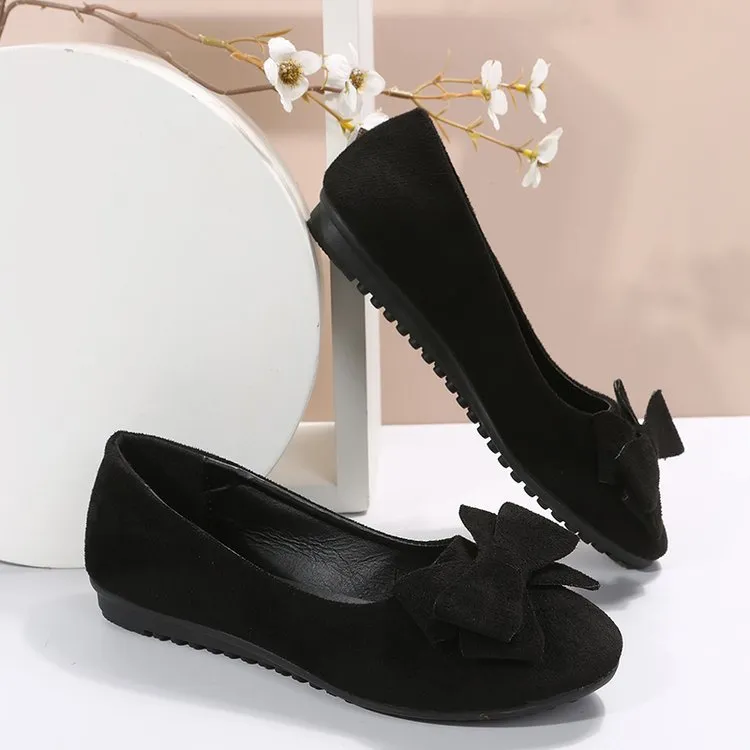 Women's rubber sole plus size flat casual shoes in black with suede bow, round toe, low heel