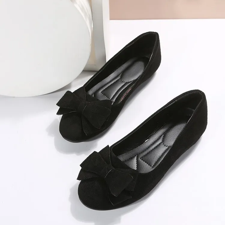 Women's rubber sole plus size flat casual shoes in black with suede bow, round toe, low heel