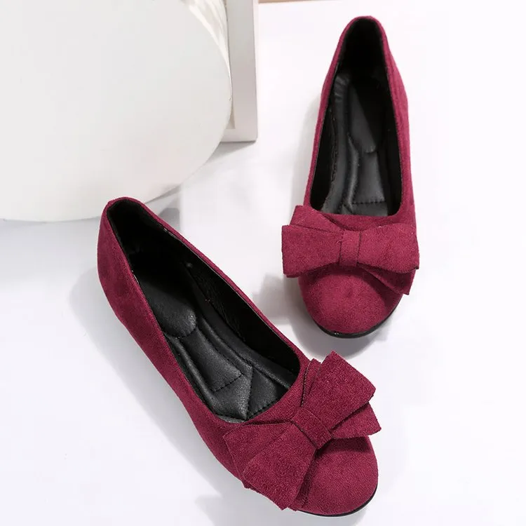 Women's rubber sole plus size flat casual shoes in black with suede bow, round toe, low heel