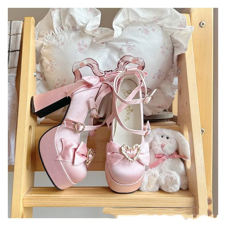 Waterproof platform satin thick heel pumps with bowknot cross buckle strap in red