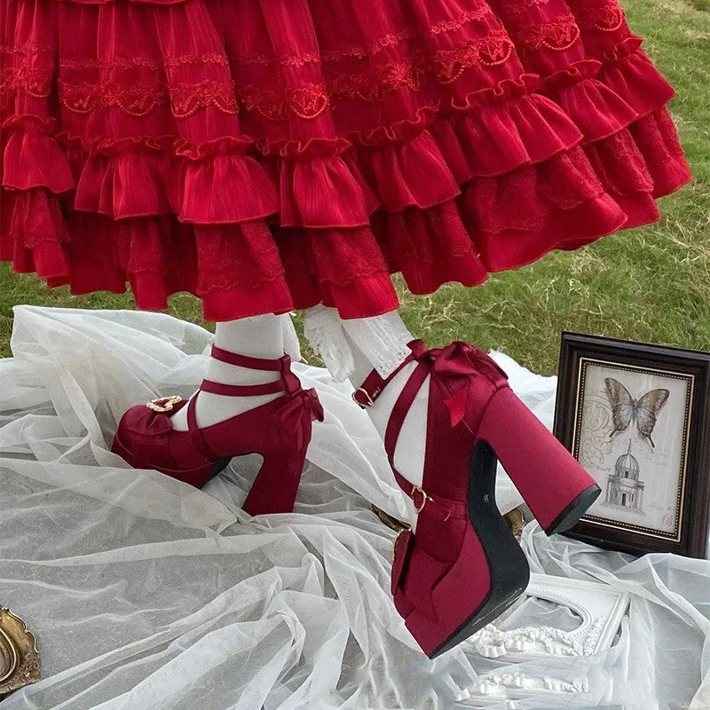 Waterproof platform satin thick heel pumps with bowknot cross buckle strap in red