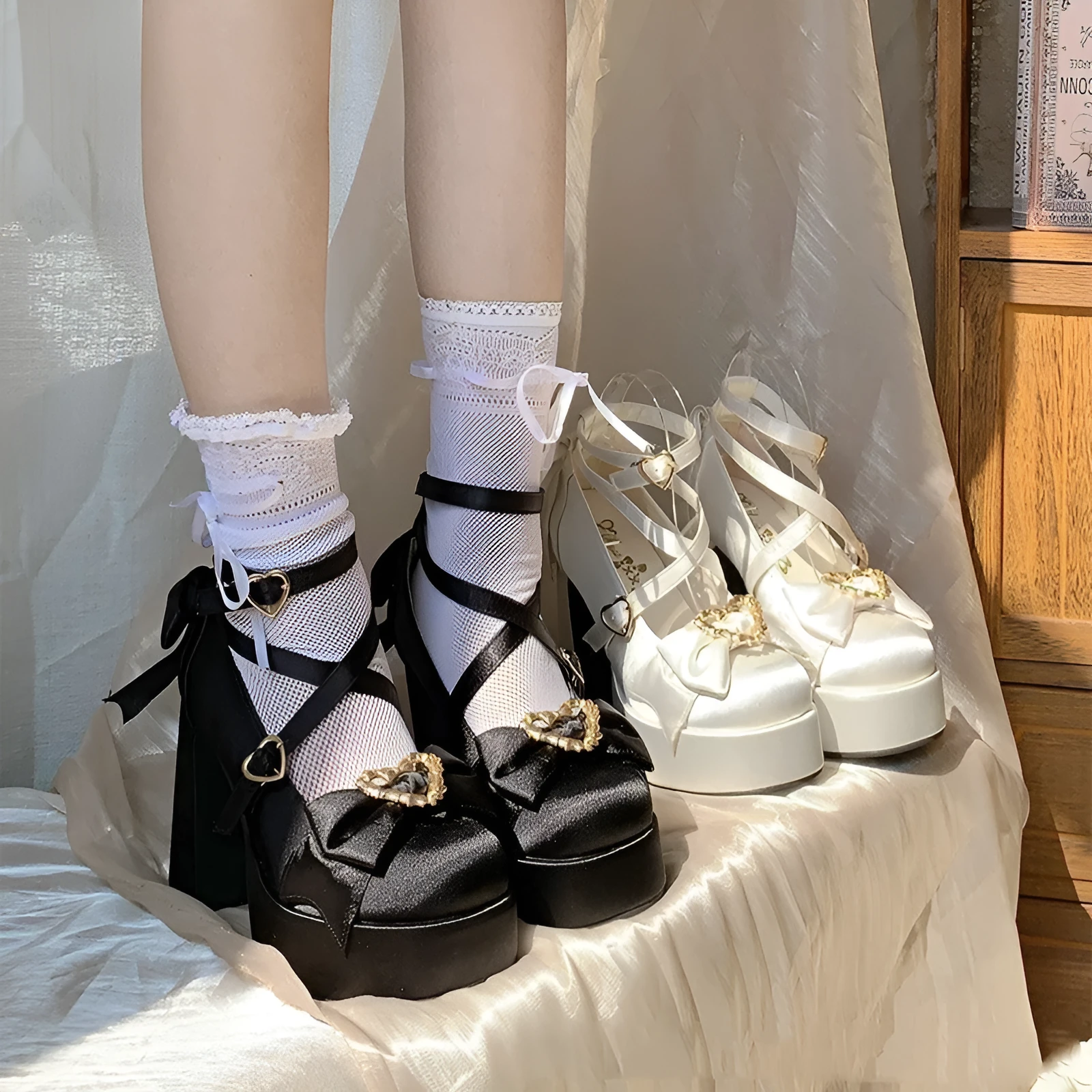 Waterproof platform satin thick heel pumps with bowknot cross buckle strap in red