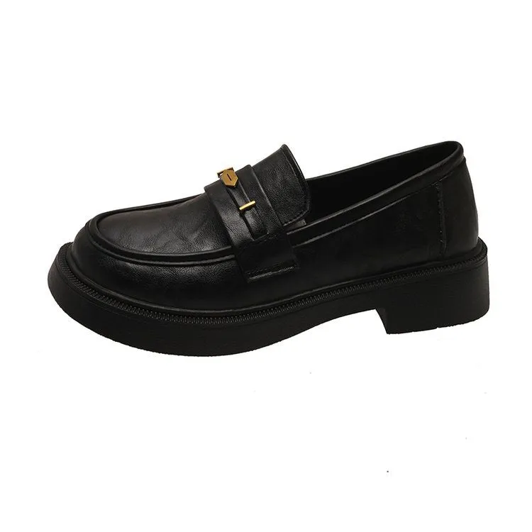 Women's all-match metal commuter soft bottom low top small leather shoes in black with round toe and mid heel