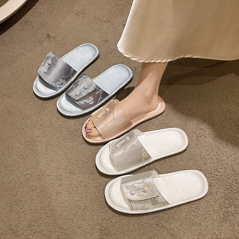 Casual soft bottom non-slip flat sandals with TPR sole, breathable spliced upper, available in blue pink and white colours