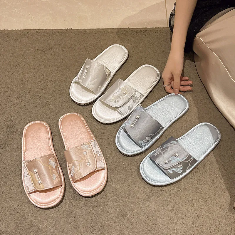 Casual soft bottom non-slip flat sandals with TPR sole, breathable spliced upper, available in blue pink and white colours