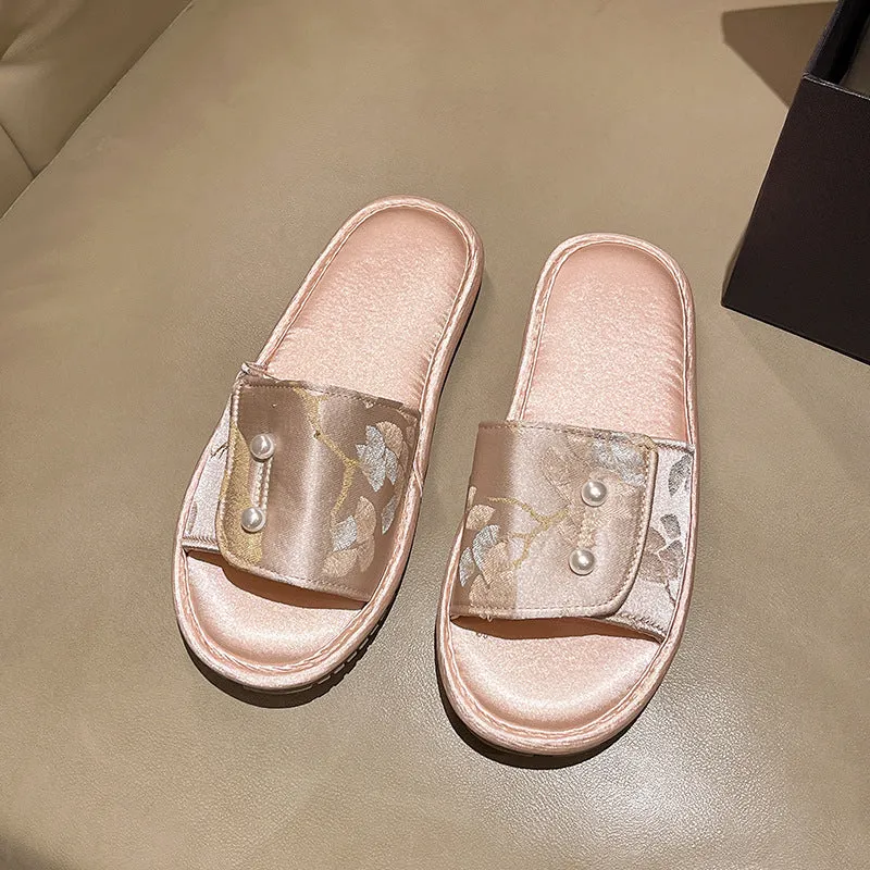Casual soft bottom non-slip flat sandals with TPR sole, breathable spliced upper, available in blue pink and white colours