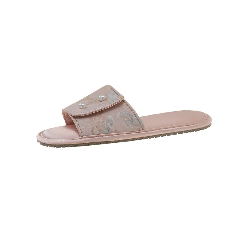Casual soft bottom non-slip flat sandals with TPR sole, breathable spliced upper, available in blue pink and white colours