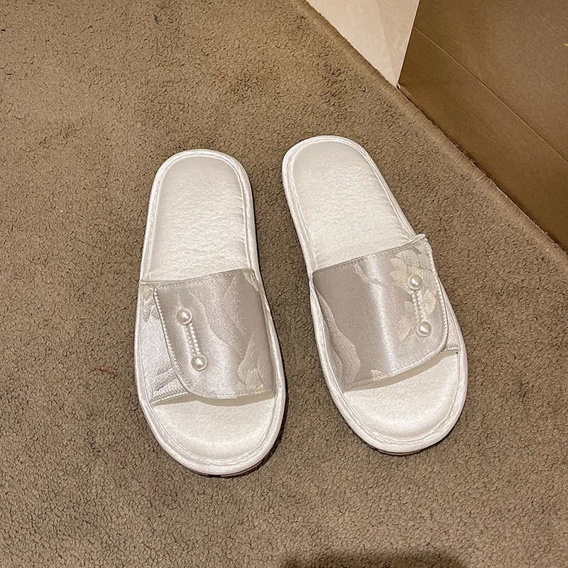 Casual soft bottom non-slip flat sandals with TPR sole, breathable spliced upper, available in blue pink and white colours