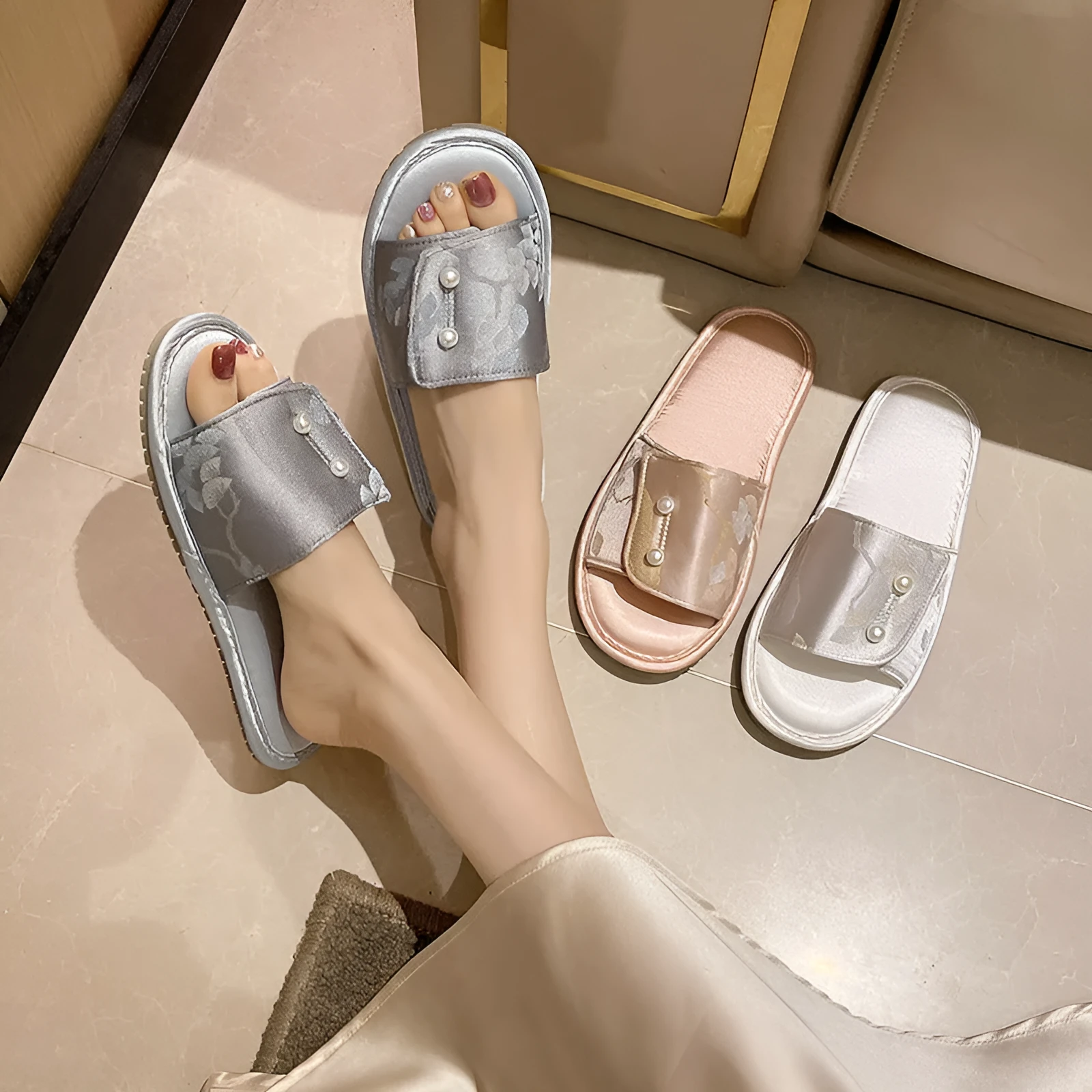 Casual soft bottom non-slip flat sandals with TPR sole, breathable spliced upper, available in blue pink and white colours