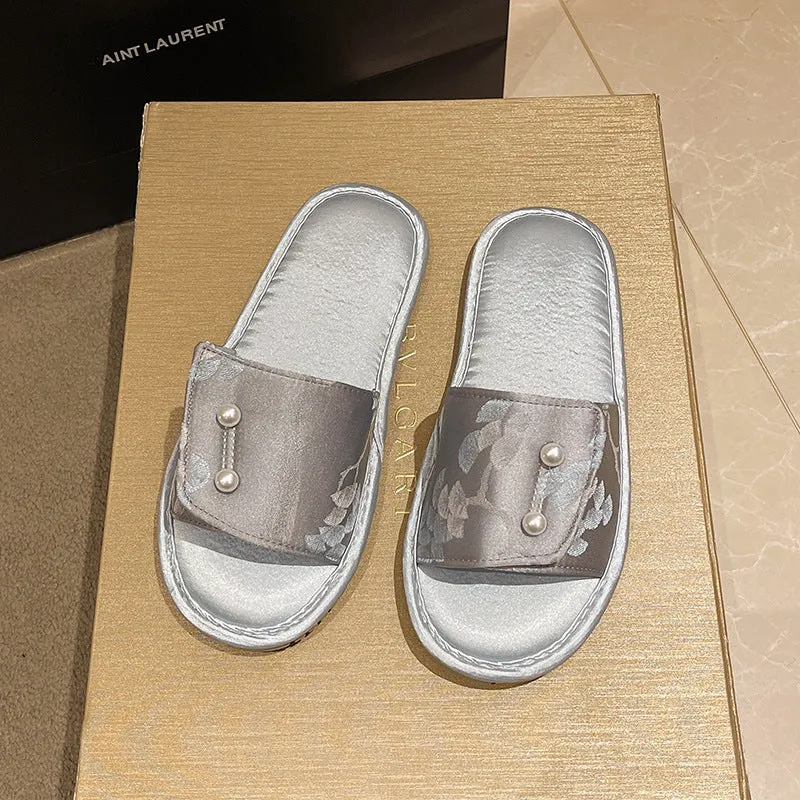 Casual soft bottom non-slip flat sandals with TPR sole, breathable spliced upper, available in blue pink and white colours