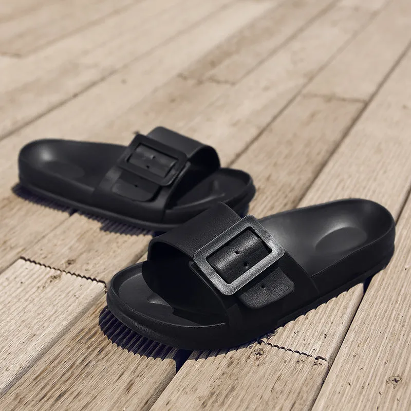 Grey blue women's flip-flop slippers with a single buckle on a soft EVA sole.