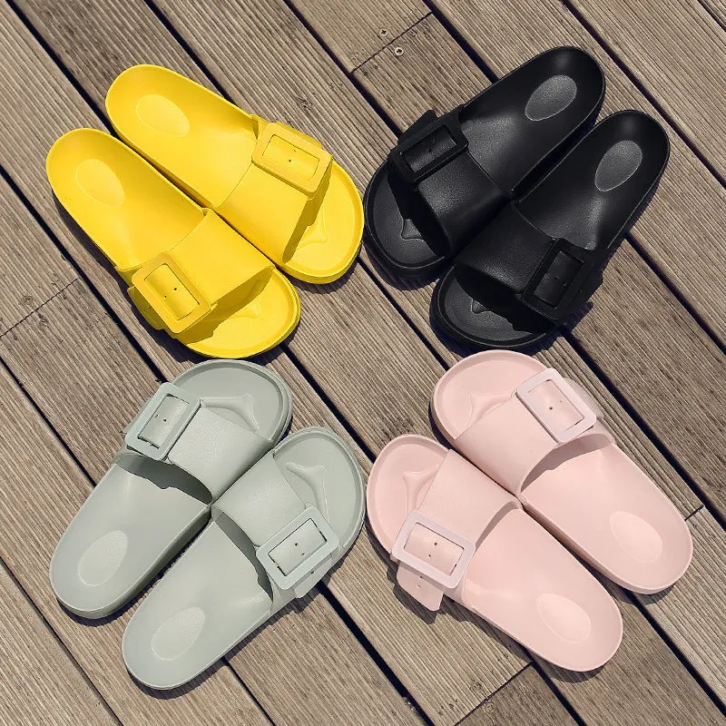 Grey blue women's flip-flop slippers with a single buckle on a soft EVA sole.