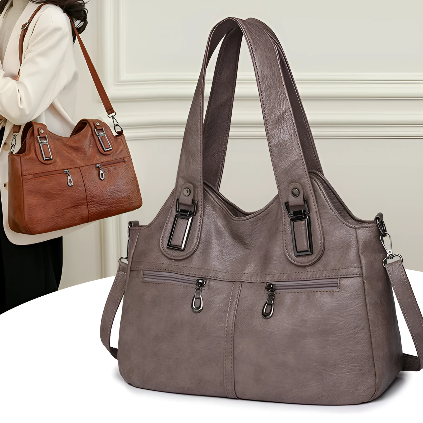 European American retro women's backpack in PU leather, square vertical shape, single shoulder strap, available in six colours