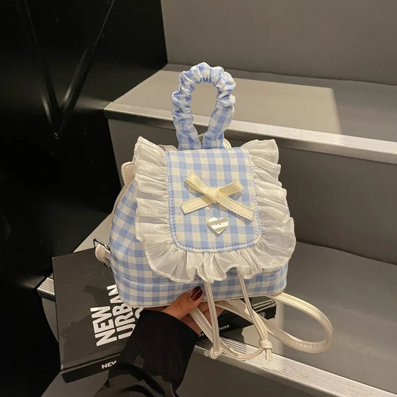 Sweet lace mini checkered backpack in cotton plaid with three-dimensional outer pocket and zipper interior