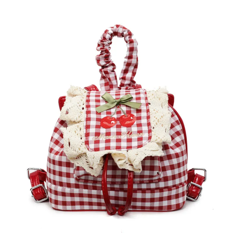 Sweet lace mini checkered backpack in cotton plaid with three-dimensional outer pocket and zipper interior