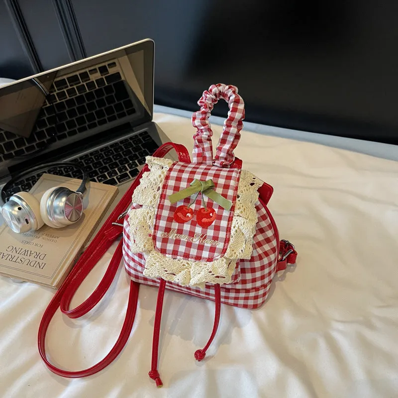Sweet lace mini checkered backpack in cotton plaid with three-dimensional outer pocket and zipper interior