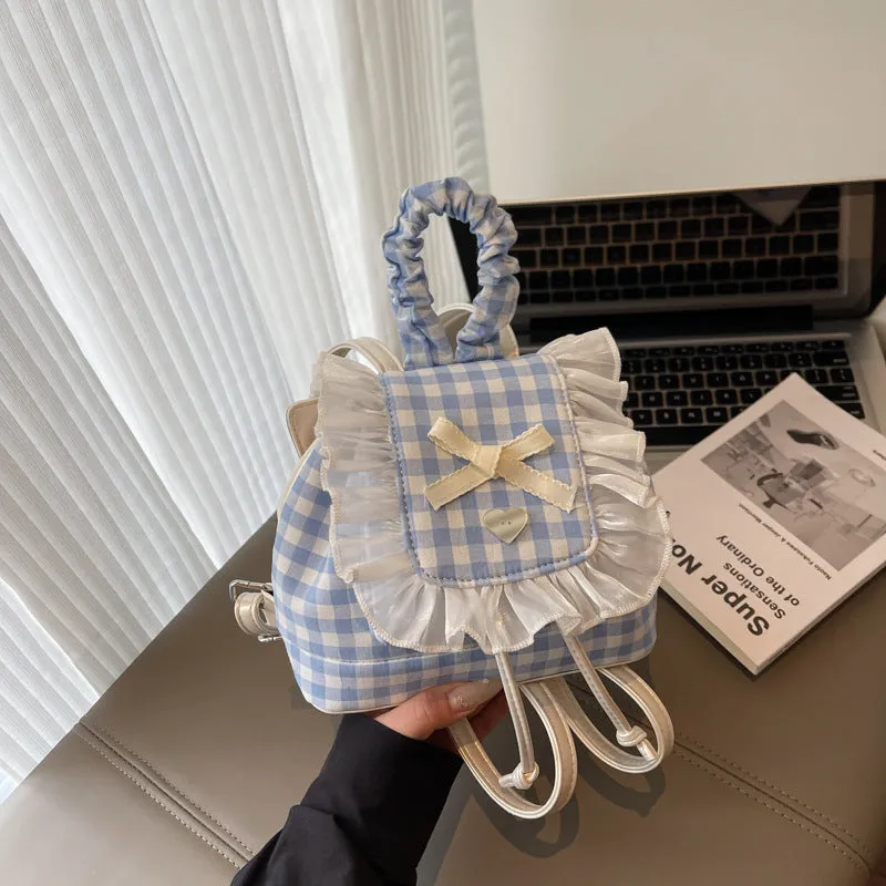 Sweet lace mini checkered backpack in cotton plaid with three-dimensional outer pocket and zipper interior