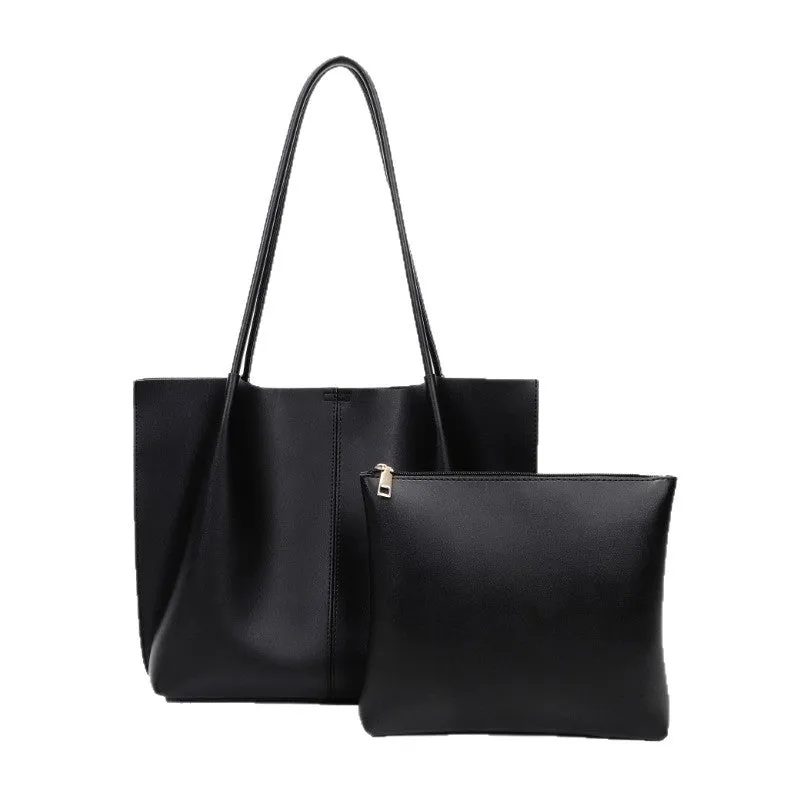 Women's large capacity soft PU shoulder bag in black with inner zip and outer sandwich pocket