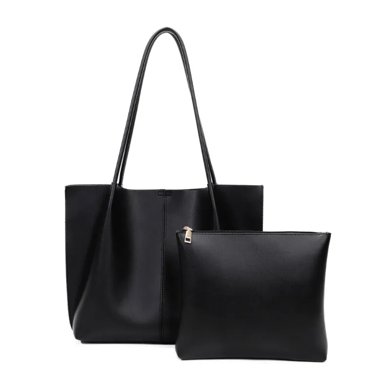 Women's large capacity soft PU shoulder bag in black with inner zip and outer sandwich pocket