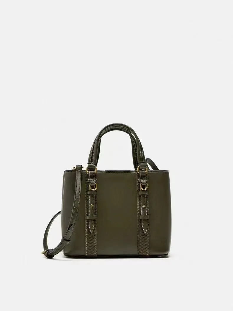 Women's olive green mini city messenger bag in PU leather with single shoulder strap and horizontal square shape