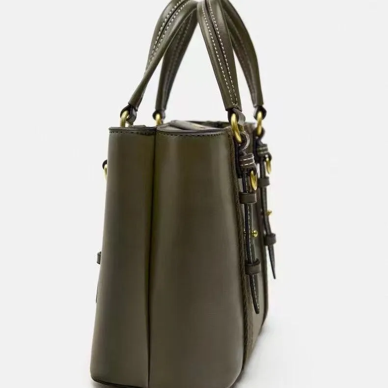 Women's olive green mini city messenger bag in PU leather with single shoulder strap and horizontal square shape