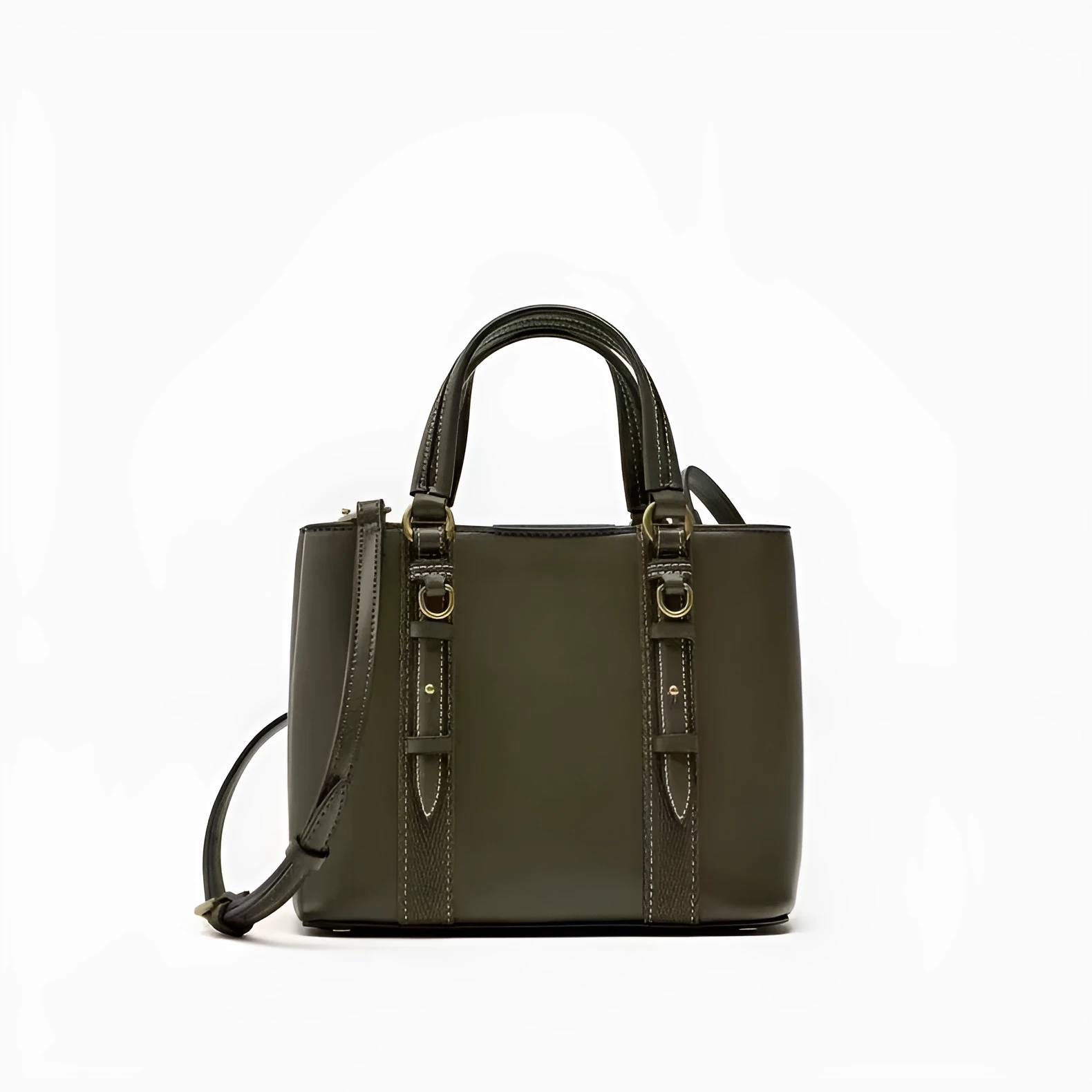 Women's olive green mini city messenger bag in PU leather with single shoulder strap and horizontal square shape