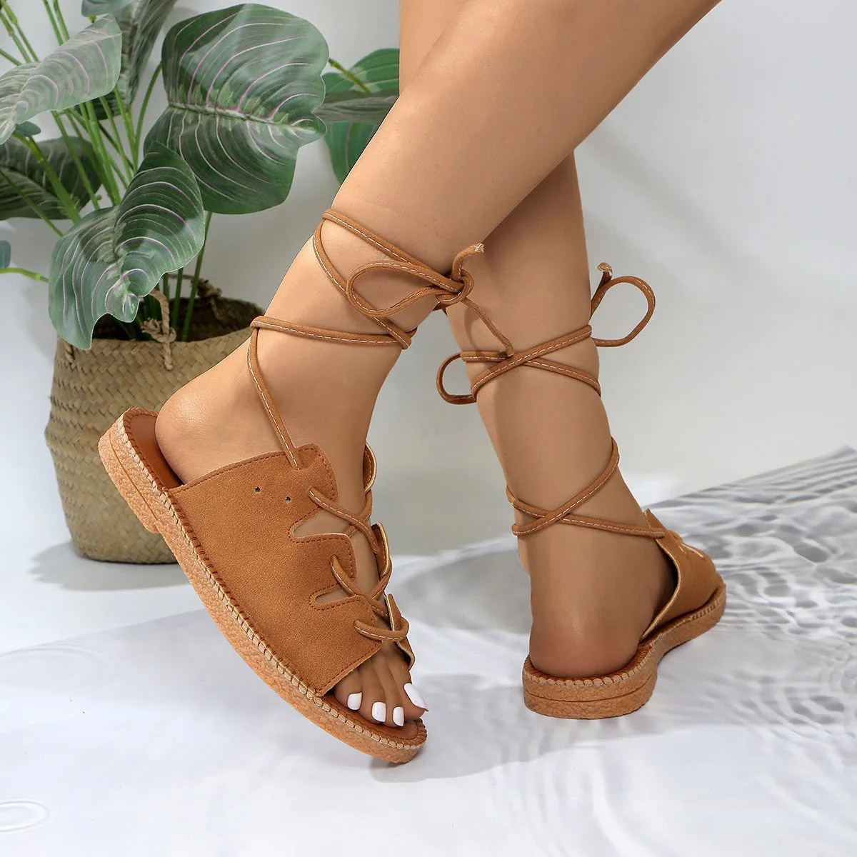 Plus size women's leopard print hemp rope lace-up sandals with leather upper and rubber sole in multiple colours