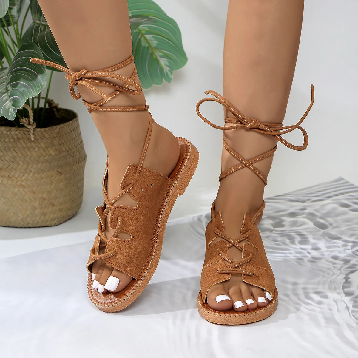 Plus size women's leopard print hemp rope lace-up sandals with leather upper and rubber sole in multiple colours