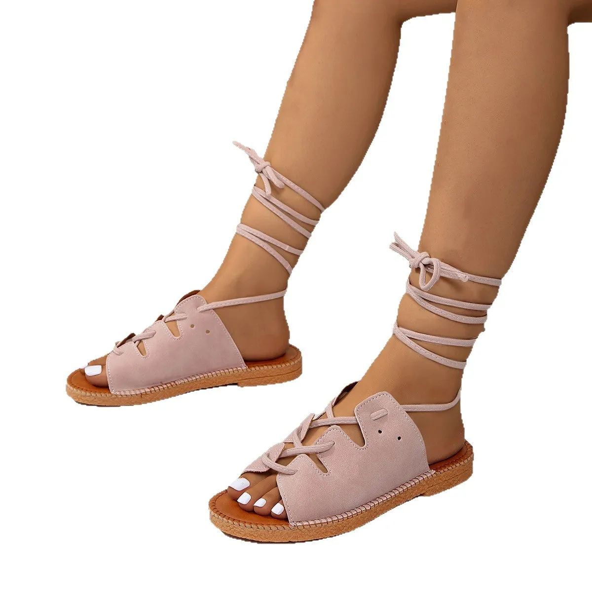 Plus size women's leopard print hemp rope lace-up sandals with leather upper and rubber sole in multiple colours