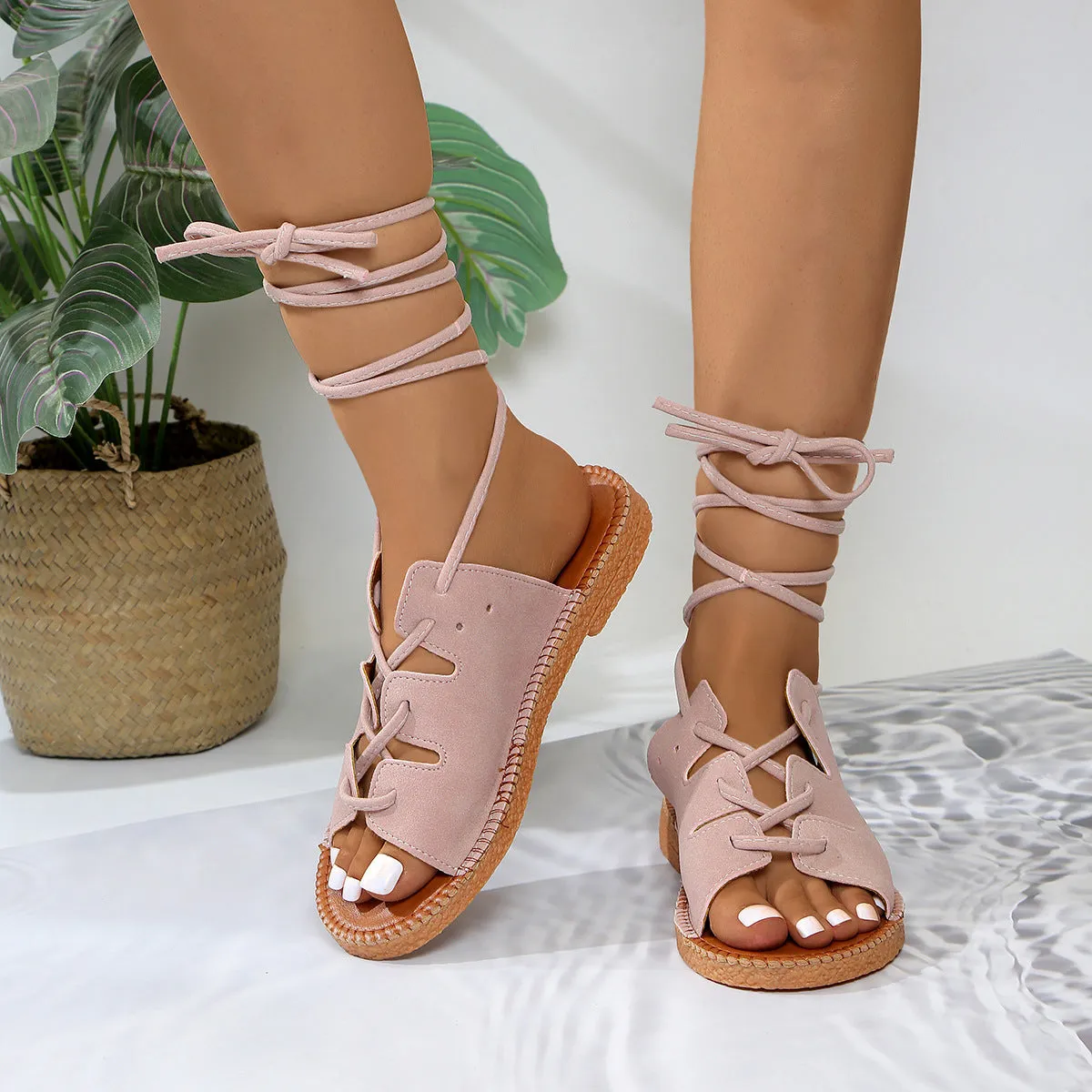 Plus size women's leopard print hemp rope lace-up sandals with leather upper and rubber sole in multiple colours