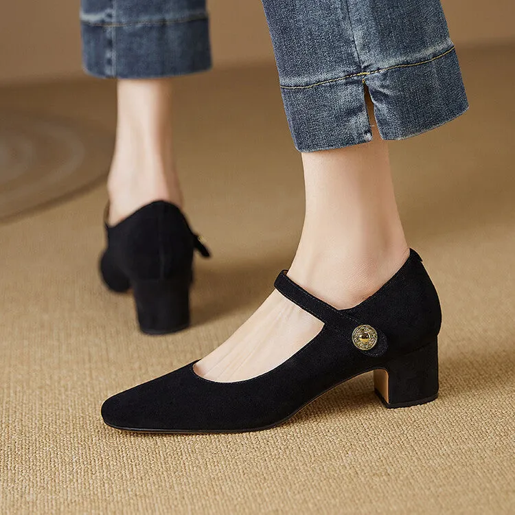 Black suede women's Mary Jane shoes with a chunky heel and square toe on a plain background.