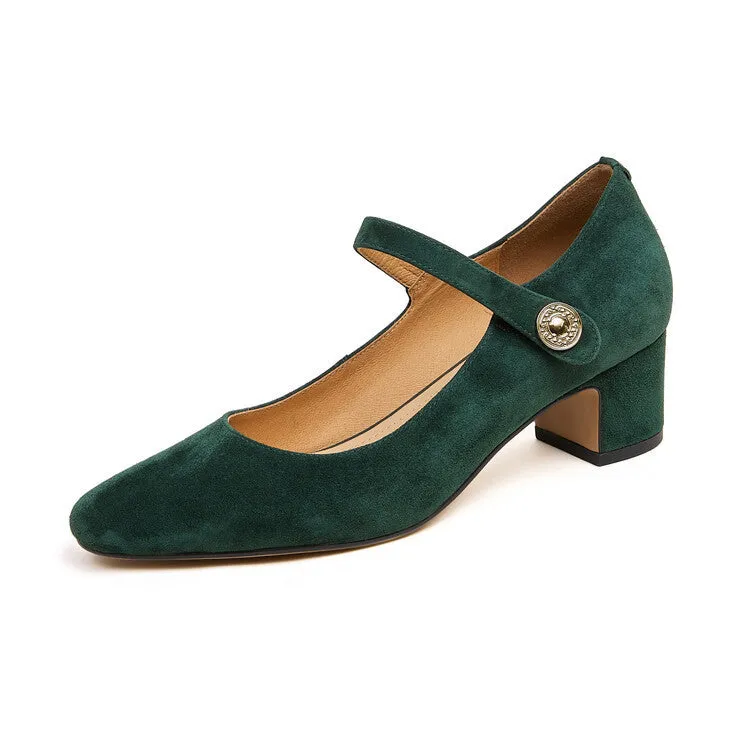 Black suede women's Mary Jane shoes with a chunky heel and square toe on a plain background.