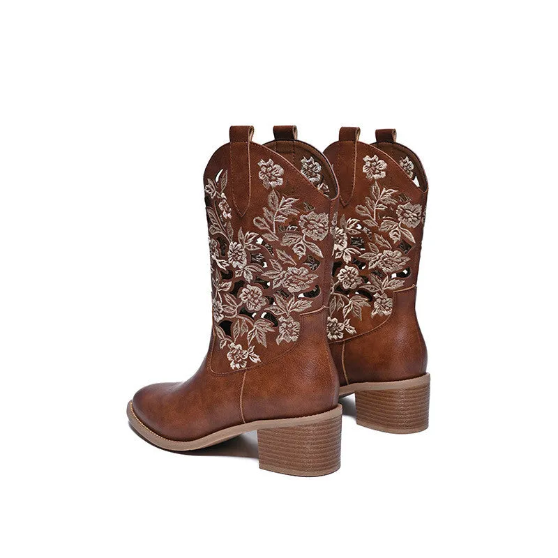 Women's brown chunky heel ankle boots pointed toe hollow-out design mid-calf leather