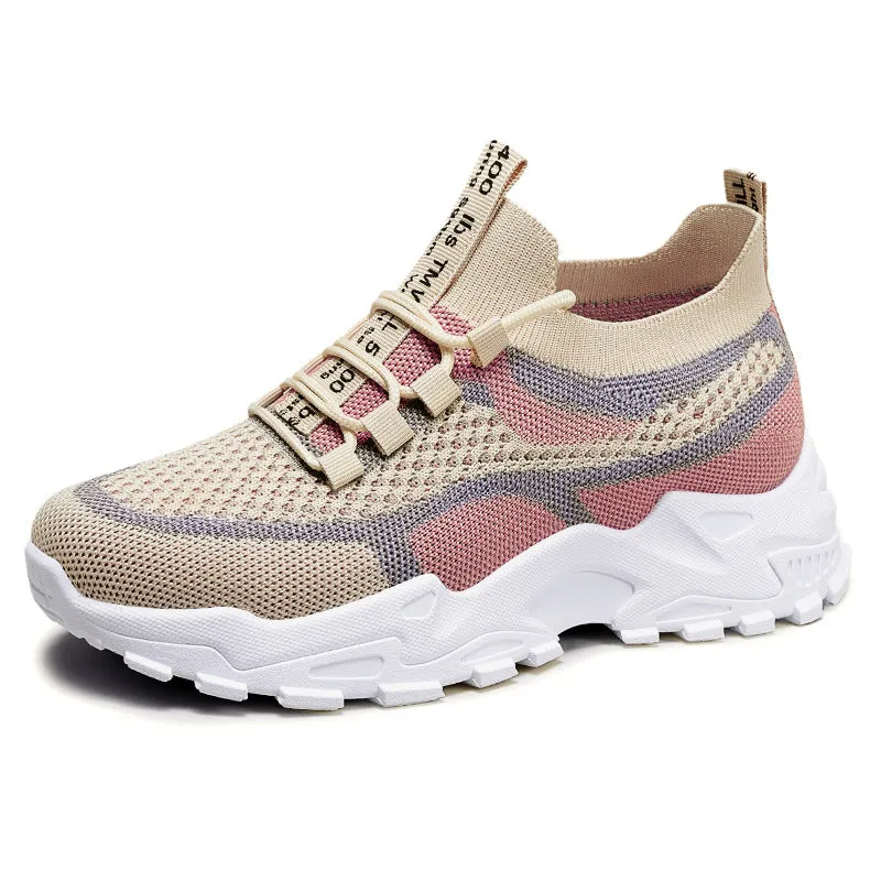 Flying Woven mesh dad shoes women's breathable lightweight soft sole casual sneakers flat heel front lace-up round toe