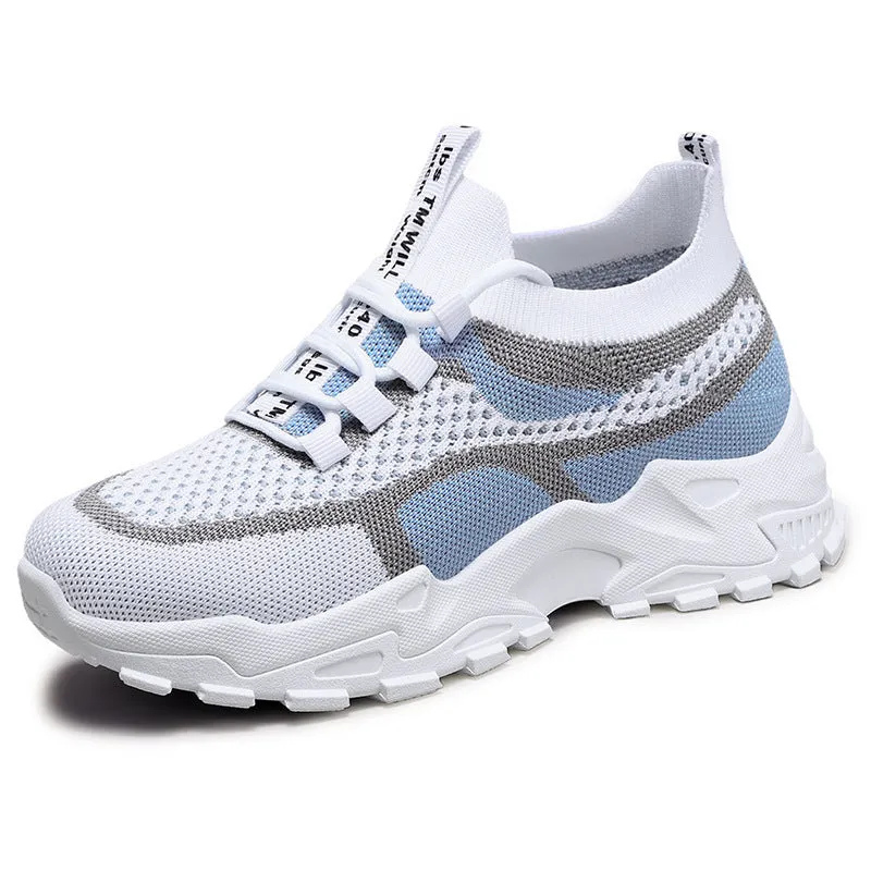 Flying Woven mesh dad shoes women's breathable lightweight soft sole casual sneakers flat heel front lace-up round toe