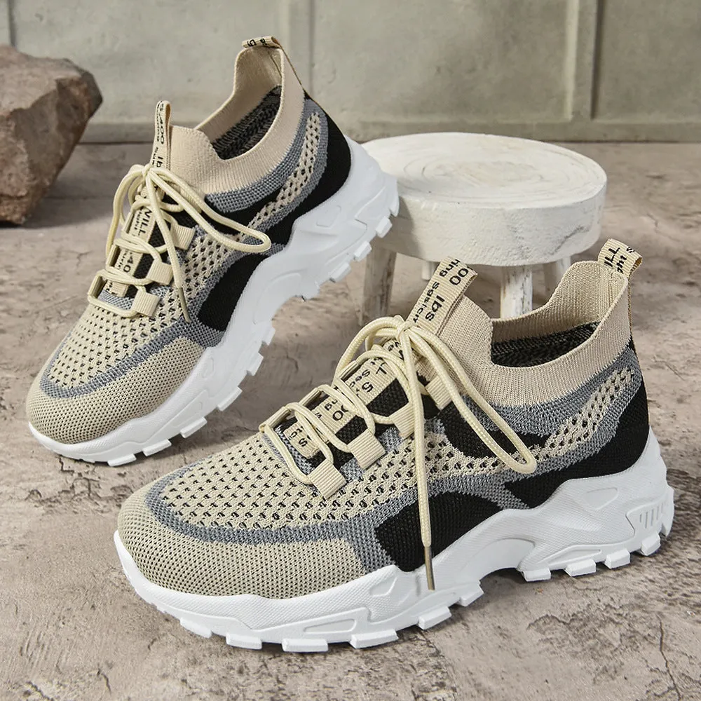 Flying Woven mesh dad shoes women's breathable lightweight soft sole casual sneakers flat heel front lace-up round toe