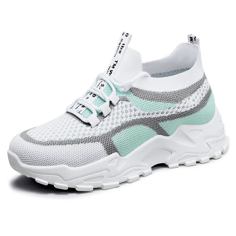 Flying Woven mesh dad shoes women's breathable lightweight soft sole casual sneakers flat heel front lace-up round toe