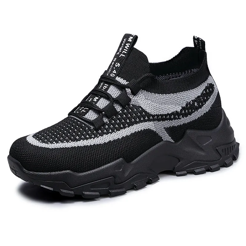 Flying Woven mesh dad shoes women's breathable lightweight soft sole casual sneakers flat heel front lace-up round toe