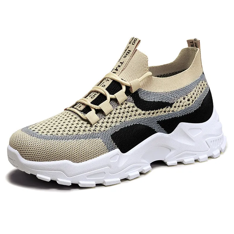 Flying Woven mesh dad shoes women's breathable lightweight soft sole casual sneakers flat heel front lace-up round toe