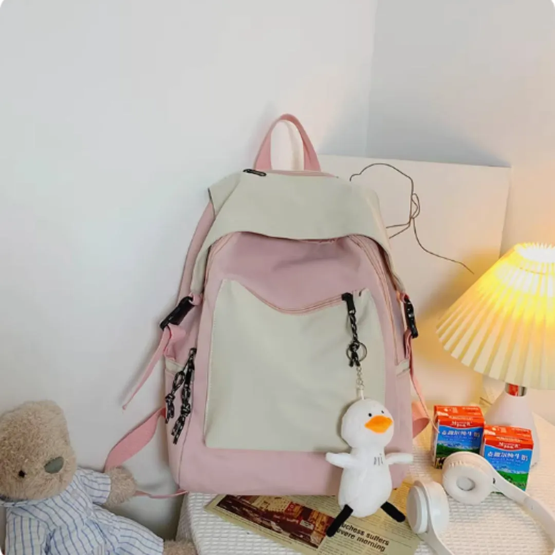Nylon large capacity schoolbag for female college students Harajuku style vertical square 28x45x13cm black colour with pendant
