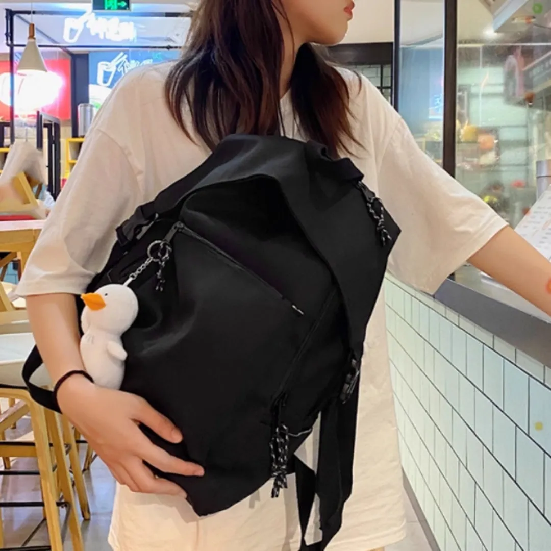 Nylon large capacity schoolbag for female college students Harajuku style vertical square 28x45x13cm black colour with pendant