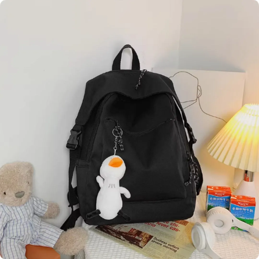 Nylon large capacity schoolbag for female college students Harajuku style vertical square 28x45x13cm black colour with pendant